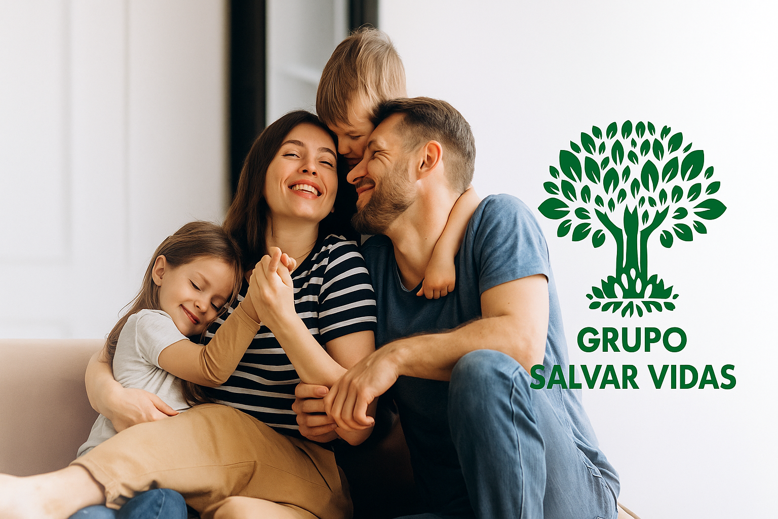 Família sorrindo em clima de acolhimento com o logotipo do Grupo Salvar Vidas