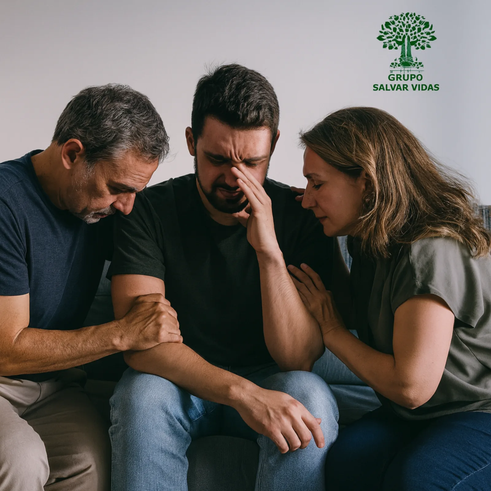 Família acolhendo homem em sofrimento emocional