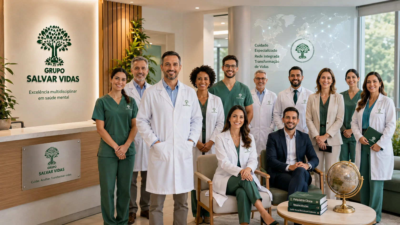 Equipe dedicada à saúde mental: imagem institucional do Grupo Salvar Vidas sobre acolhimento e esperança, acolhimento, saúde mental e tratamento humanizado.