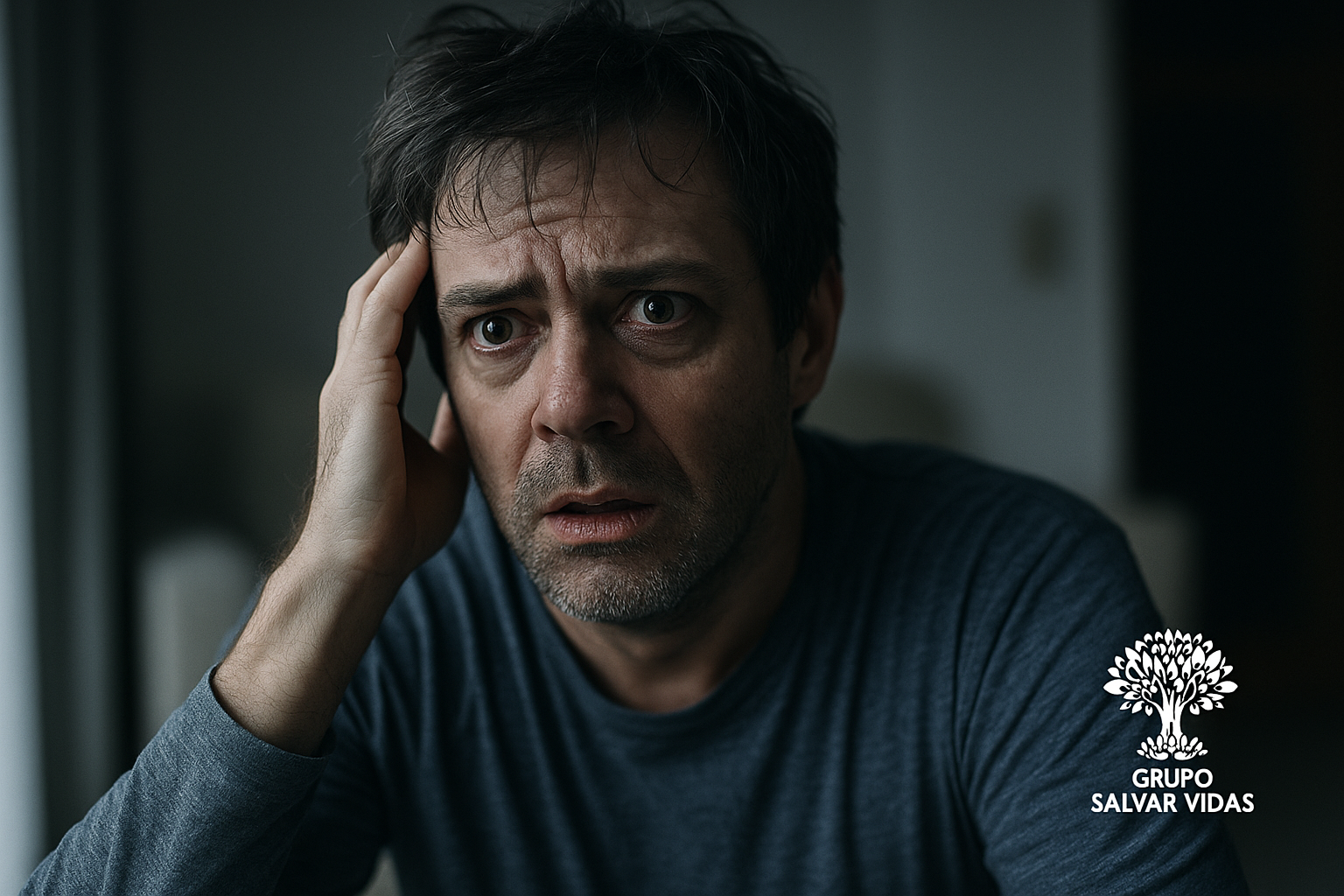 Pessoa em surto psicótico com expressão de confusão e medo