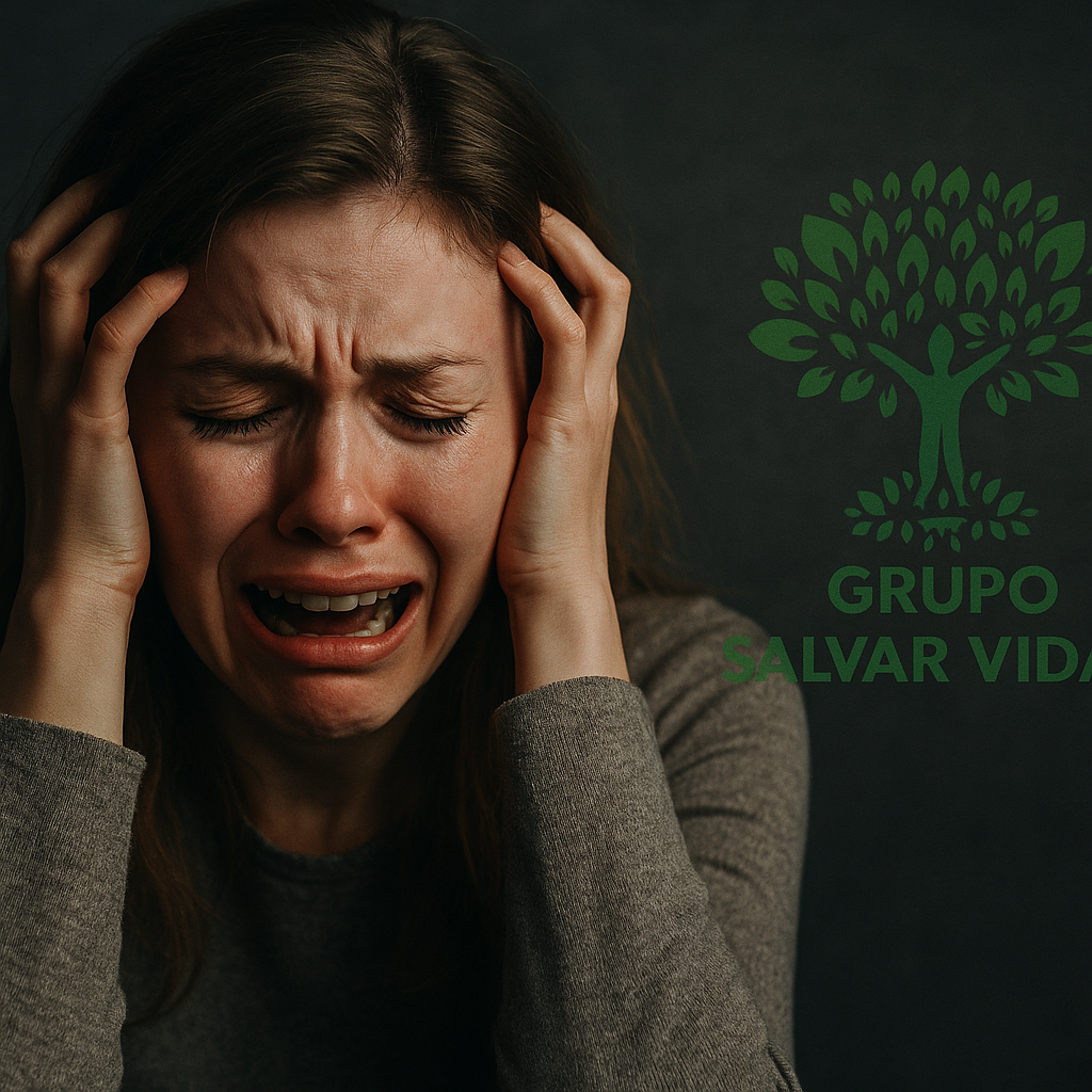 Pessoa em crise de ansiedade segurando a cabeça — conceito de pânico