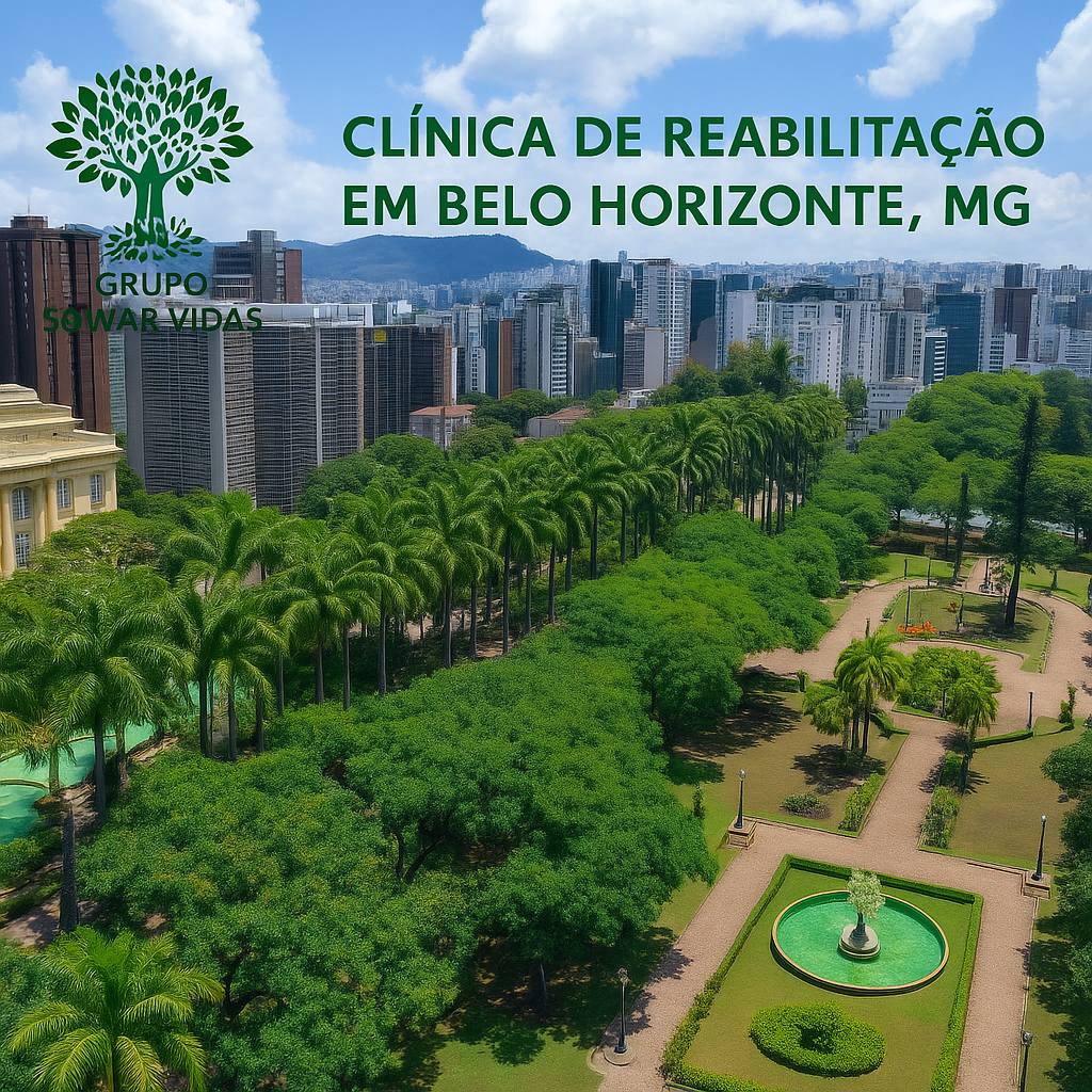 Vista aérea da cidade de Belo Horizonte com destaque para Clínica de Reabilitação do Grupo Salvar Vidas, especializada em dependência química e saúde mental.