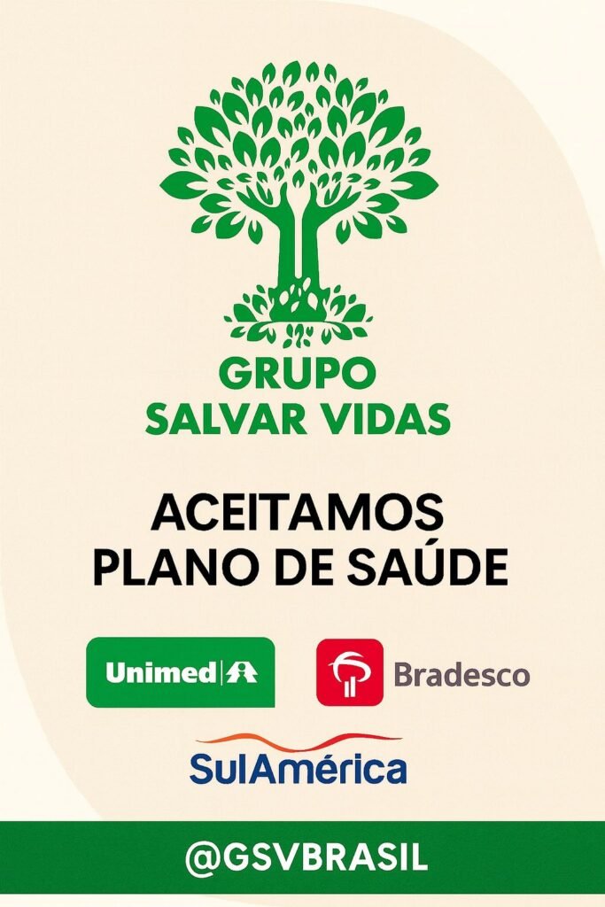Banner do Grupo Salvar Vidas informando que a clínica de reabilitação aceita planos de saúde em todo o território brasileiro. Atendimento especializado em dependência química, depressão e saúde mental.