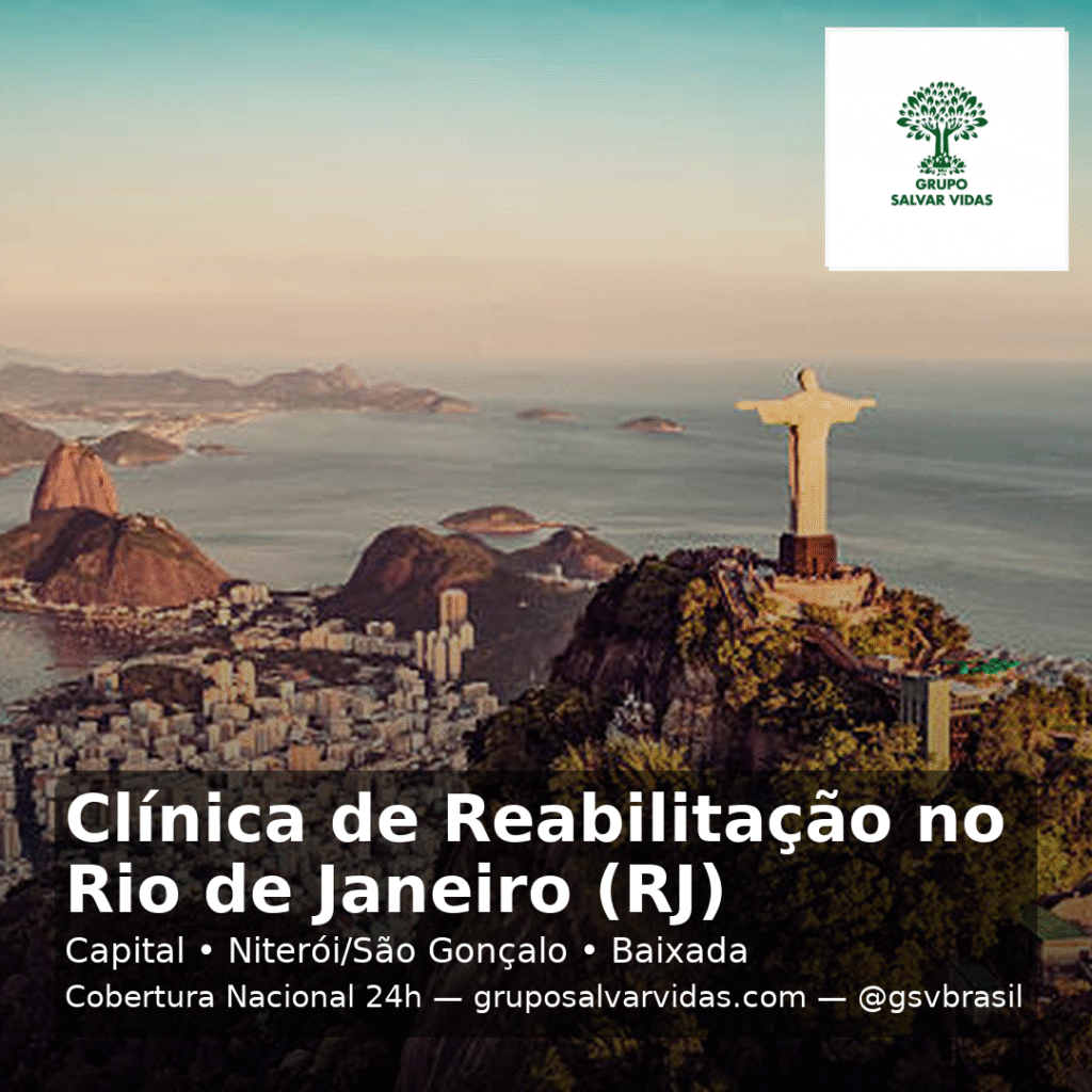 Vista do Cristo Redentor no Rio de Janeiro com a cidade ao fundo e selo do Grupo Salvar Vidas; chamada “Clínica de Reabilitação no RJ – Capital, Niterói/São Gonçalo e Baixada” e “Cobertura Nacional 24h”.