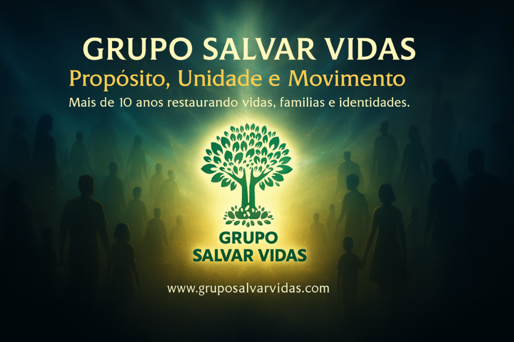 Banner espiritual em azul e dourado com o logotipo oficial do Grupo Salvar Vidas brilhando ao centro, cercado por silhuetas de pessoas simbolizando restauração, cura e propósito.