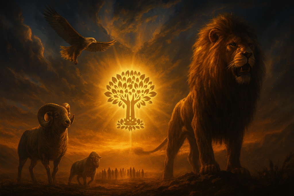 Ilustração épica em 16x9 de um leão majestoso iluminado por um feixe de luz dourada, com o logotipo em forma de árvore do Grupo Salvar Vidas brilhando ao centro, uma águia sobrevoando, um carneiro à frente e pessoas ao fundo, simbolizando autoridade espiritual, libertação, propósito e restauração de vidas.