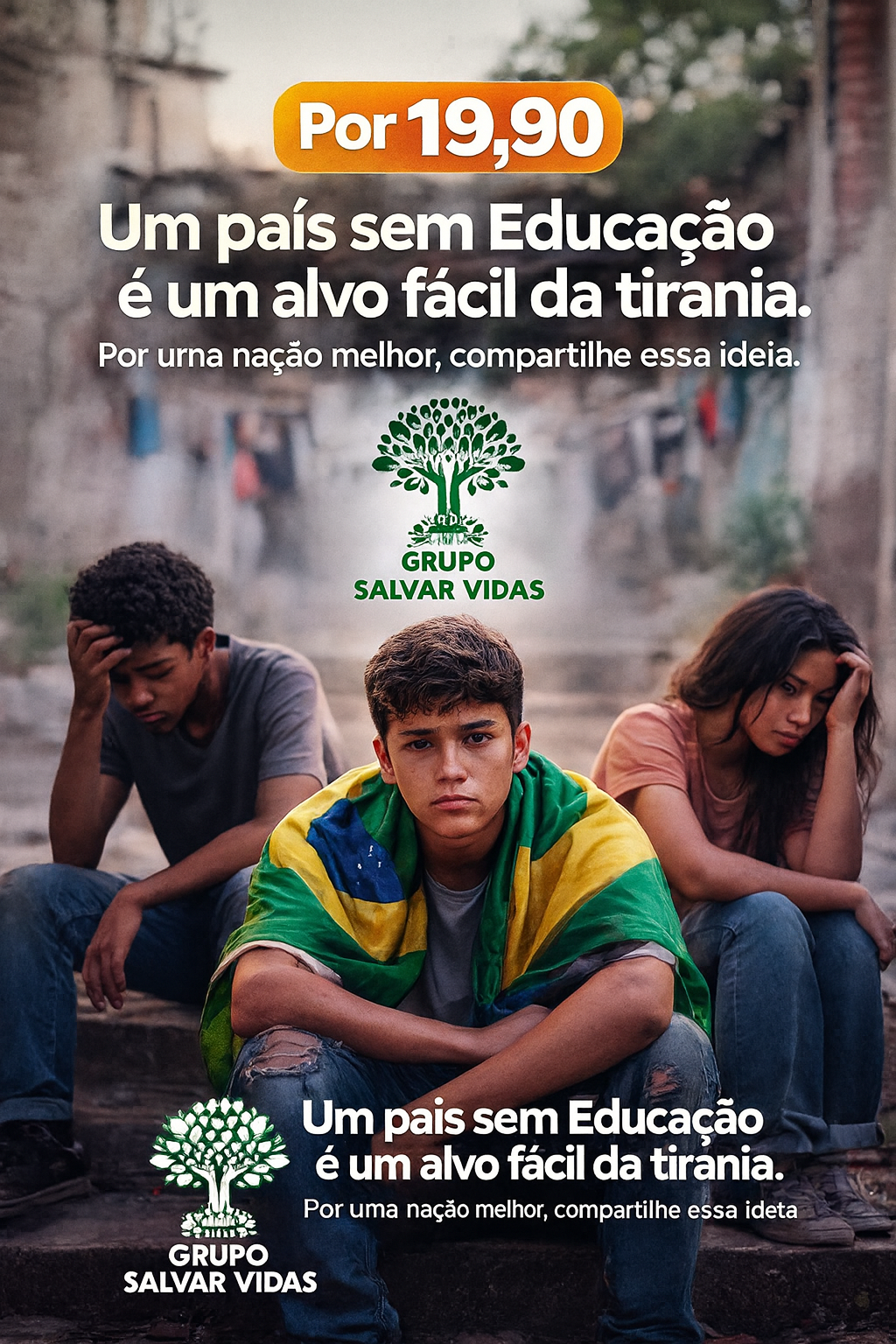 Três adolescentes brasileiros sentados em um cenário de pobreza e abandono, refletindo tristeza e falta de oportunidades, com o logotipo do Grupo Salvar Vidas e a frase ‘Um país sem educação é um alvo fácil da tirania’. Imagem da campanha de alfabetização por R$ 19,90.