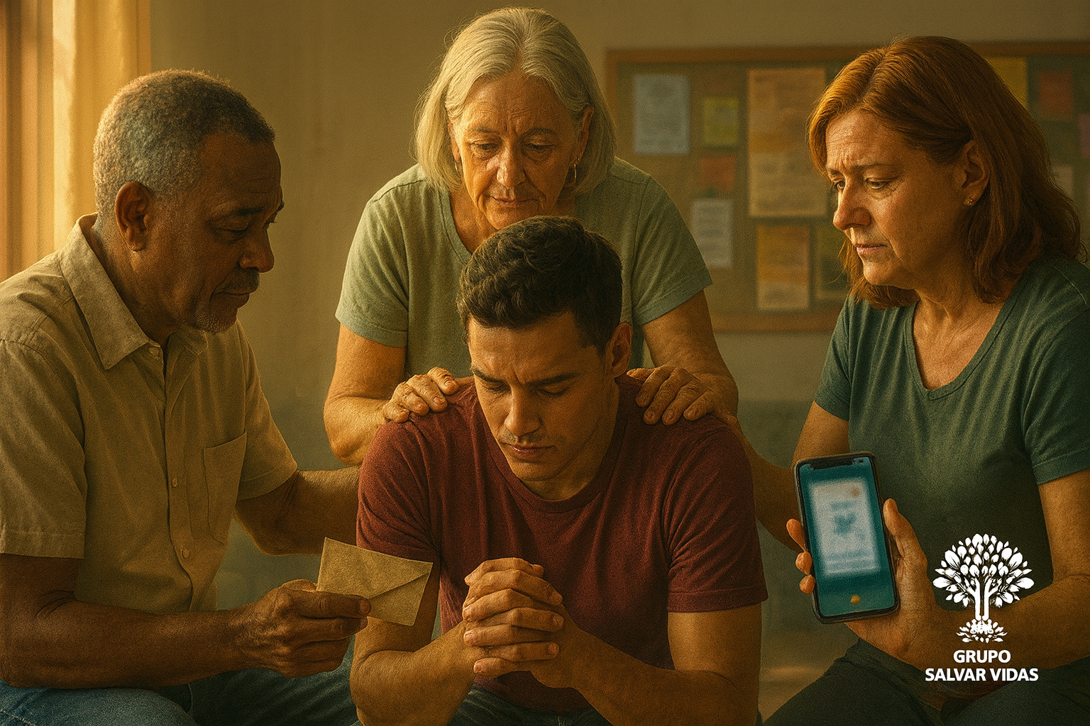 “Quatro pessoas em uma sala comunitária acolhendo um jovem em sofrimento; um adulto oferece um envelope de doação e outra segura um celular com tela de Pix, simbolizando apoio e solidariedade — logotipo do Grupo Salvar Vidas no canto inferior direito.”